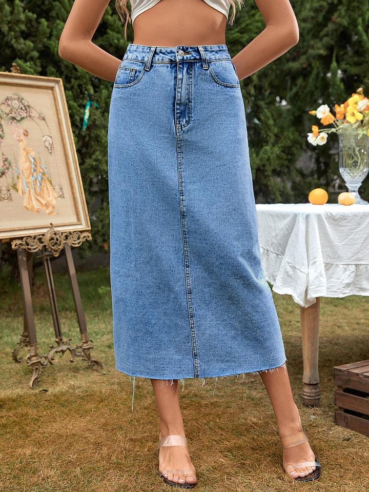 Navy Blue Midi Denim Skirt With Freyed Hem
