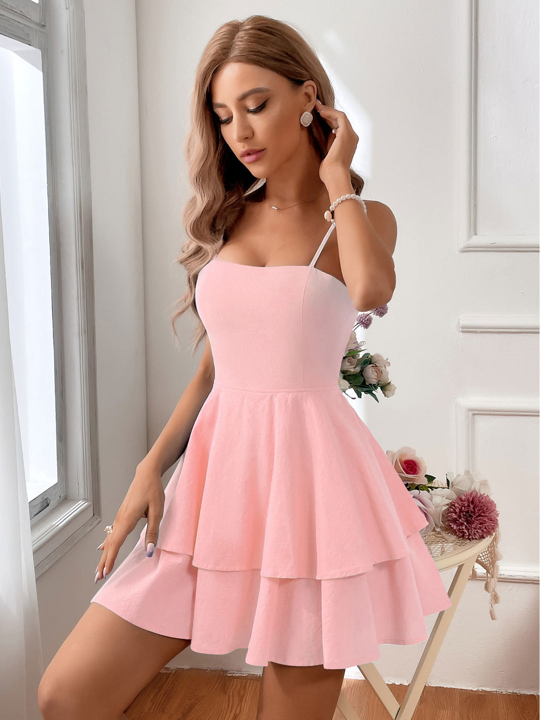 Pink Shoulder Strap Flare Dress
