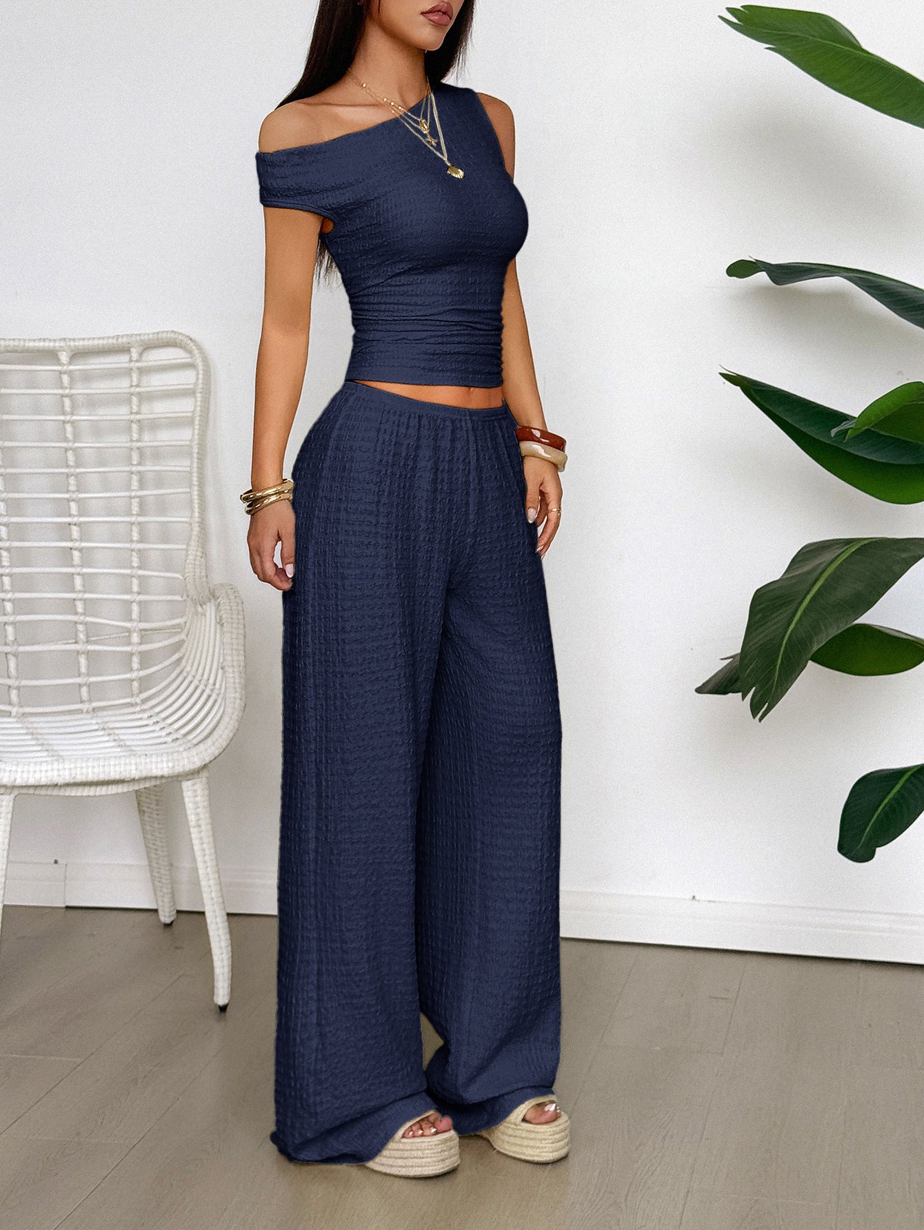 Navy Blue Textured Top And Pants Co-Ord Set