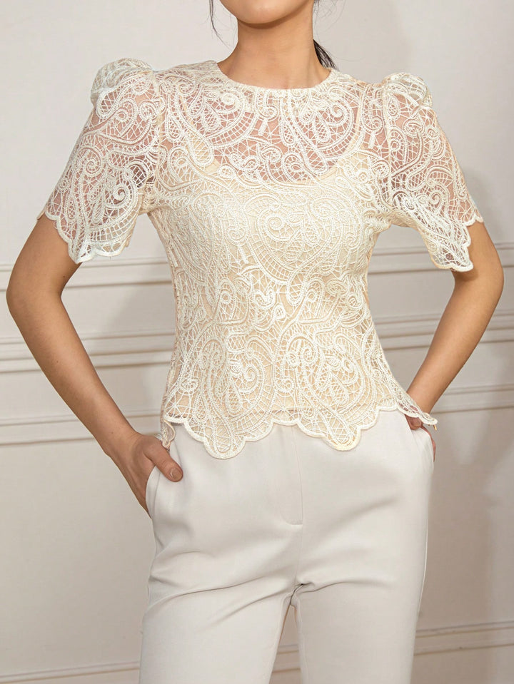 Cream Uneven Hem Laced Top