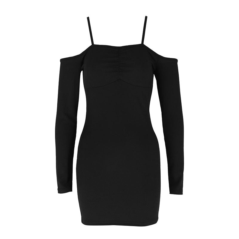 Black Off Shoulder Full Sleeves Mini Dress With Straps On Shoulder