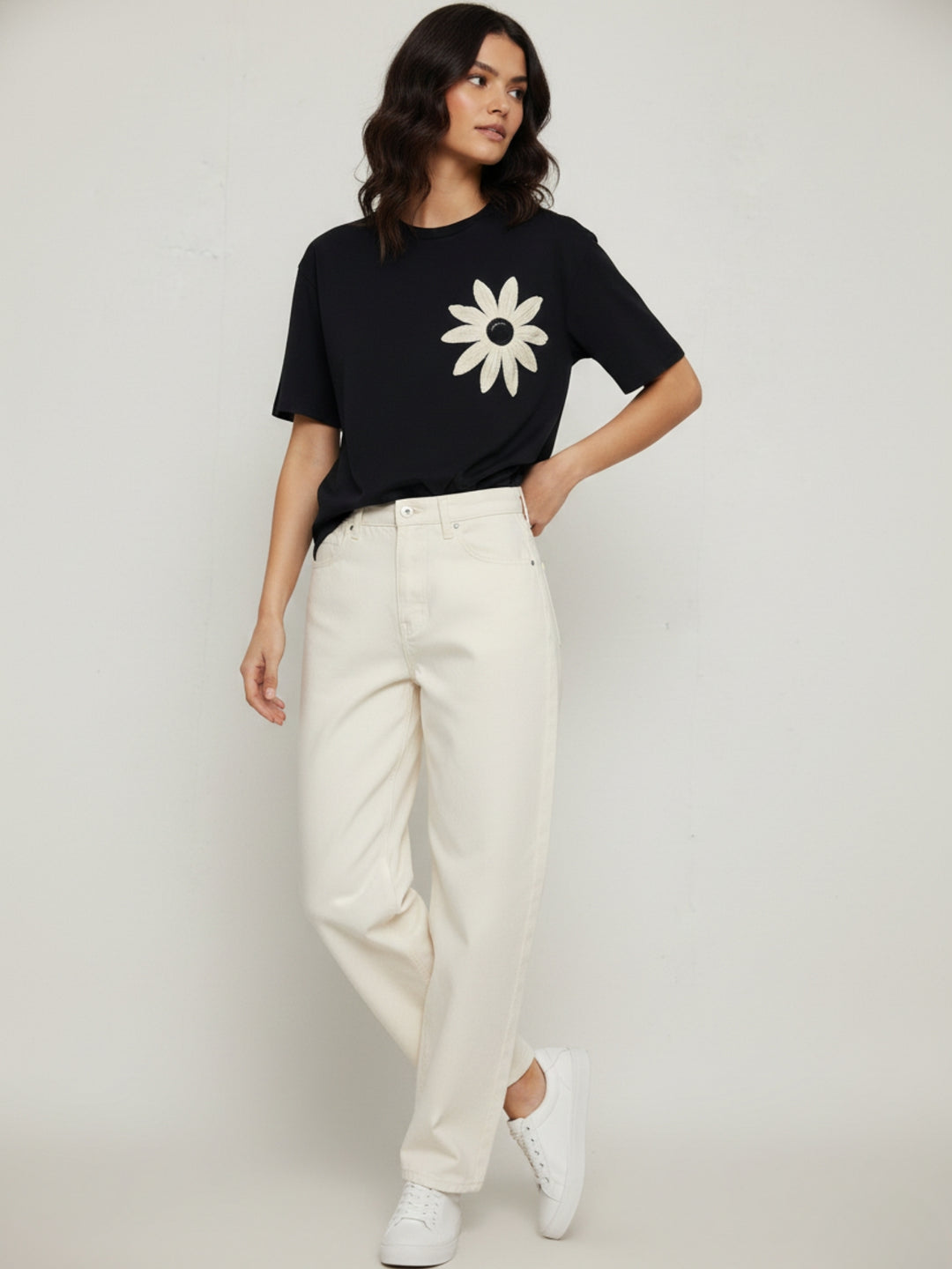 Black Short Sleeve Floral Embroidered Top