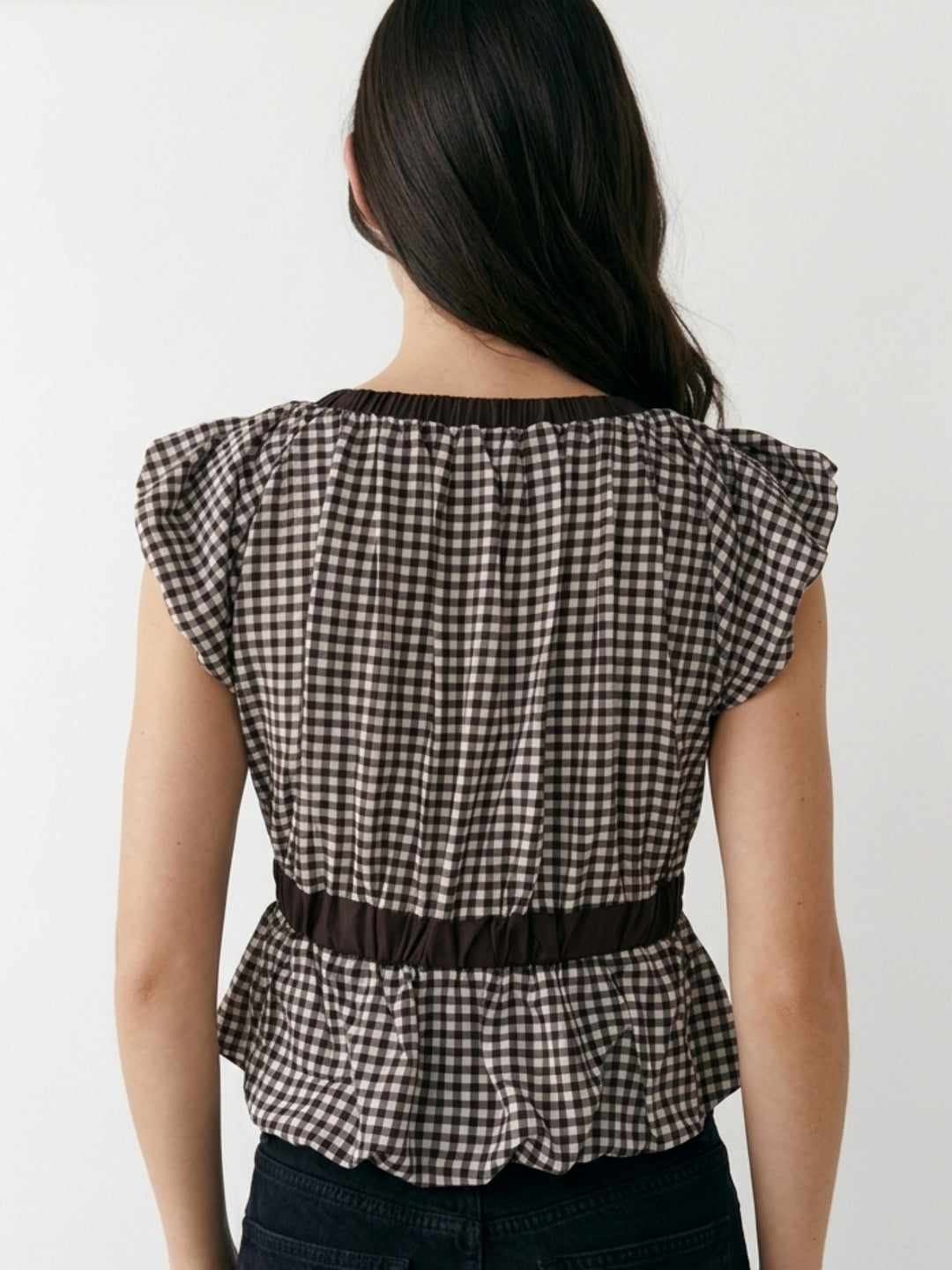 Brown Ruffle Sleeve Front Bow Top