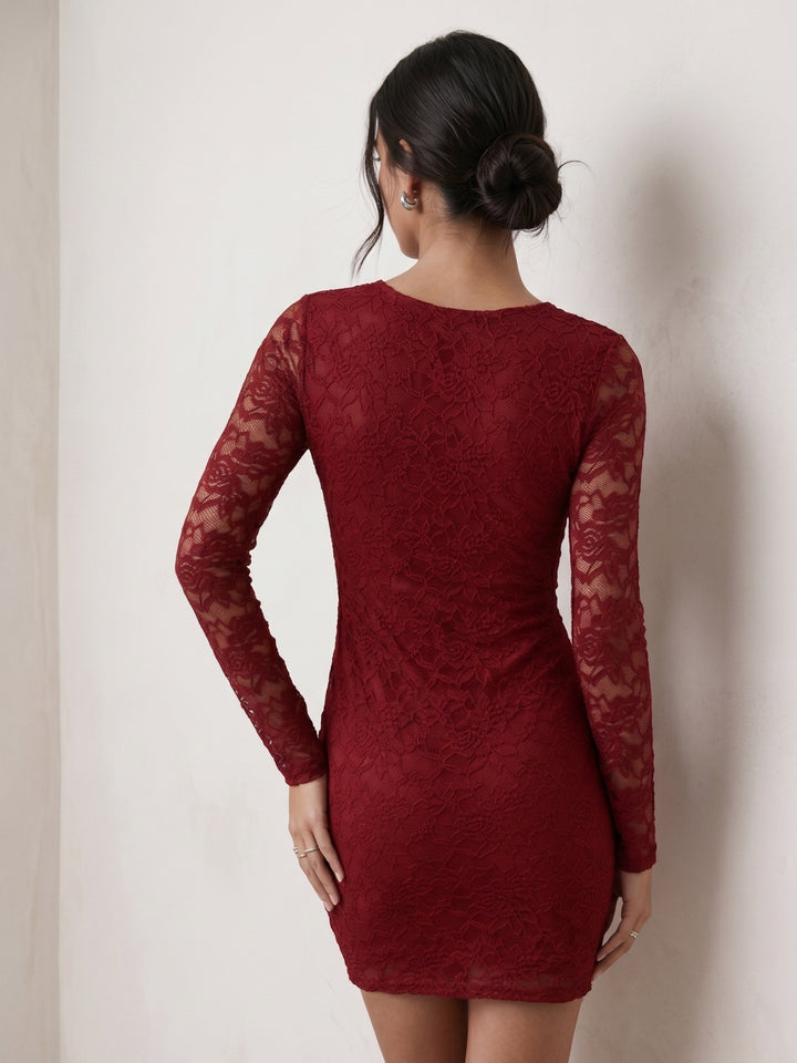 Red Full Sleeve Scallop Neck Fitted Dress