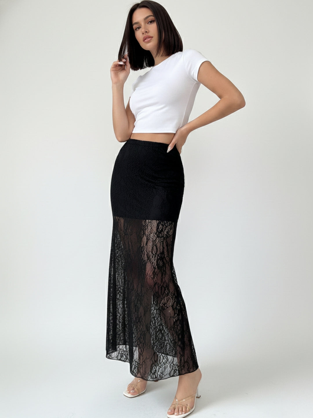 Black Sheer Lace Solid Skirt
