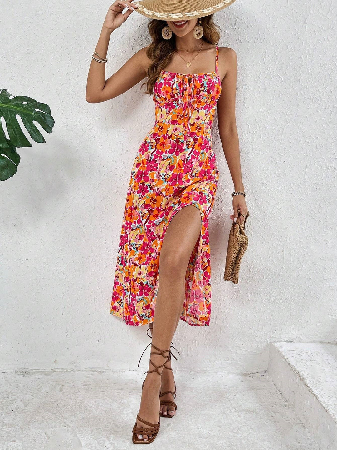 Multi Floral Printed Shoulder Strap Slit Dress