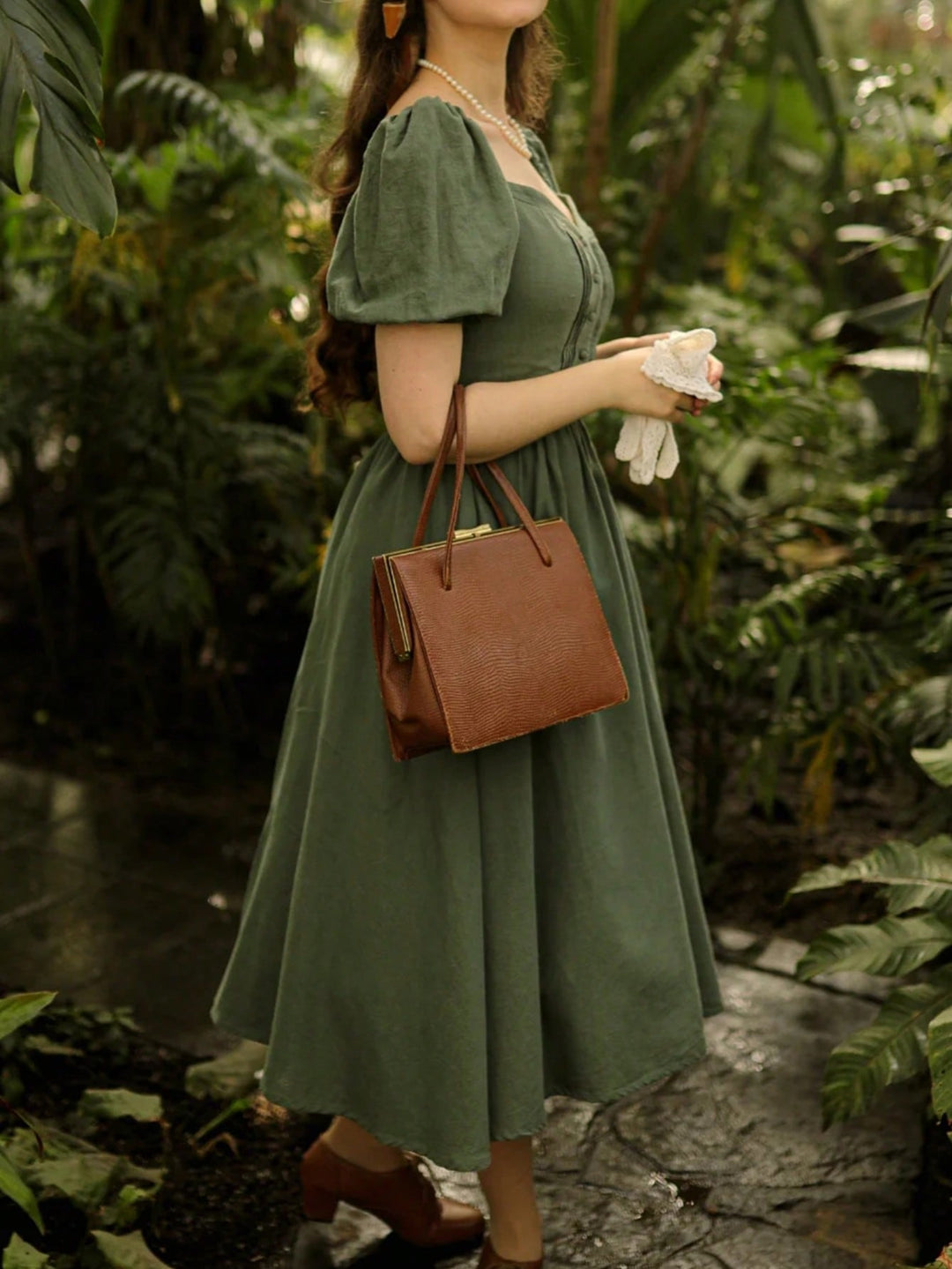 Olive Puff Sleeve Sweetheart Neck Dress