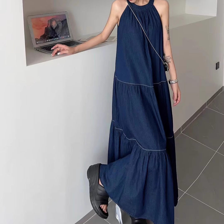 Navy Blue Racer Back Tiered Maxi Dress