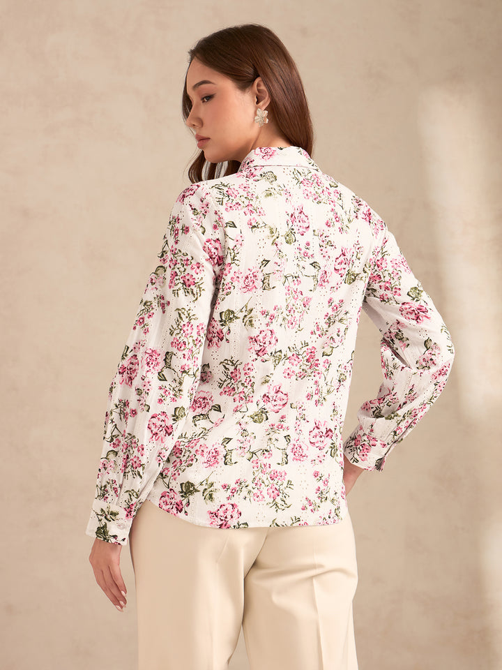 Multi Floral Printed Schiffli Long Sleeves Shirt