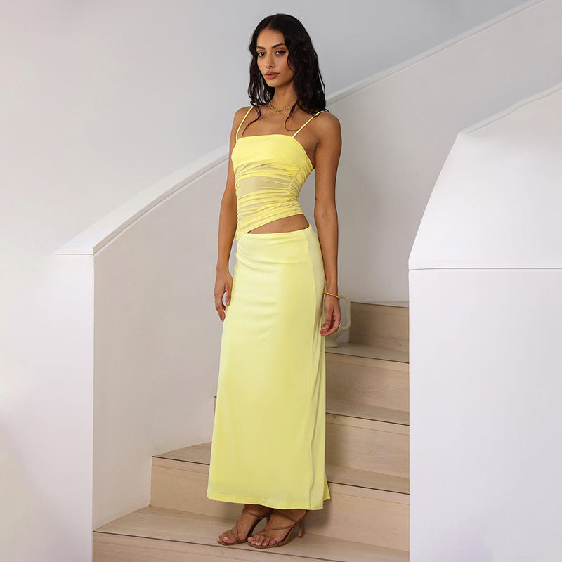 Yellow Strappy Cut Out Mesh Dress