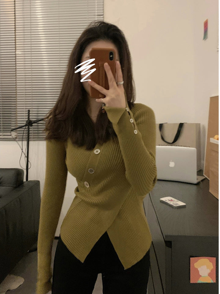 Olive Full Sleeve Wrap Asymmetrical Hem Top