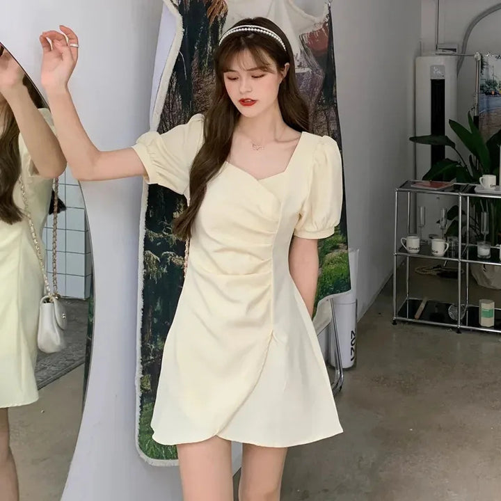 Beige Sweatheart Neck Waist Gathered Skater Dress
