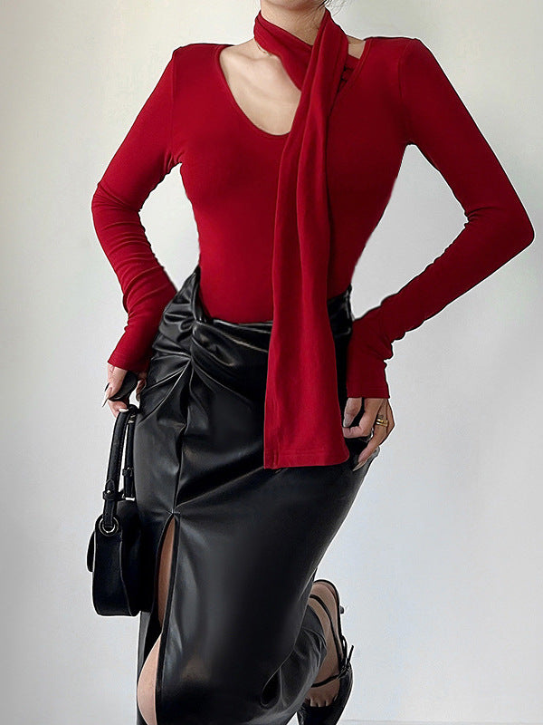 Red Fitted Top With Neck Tie Up