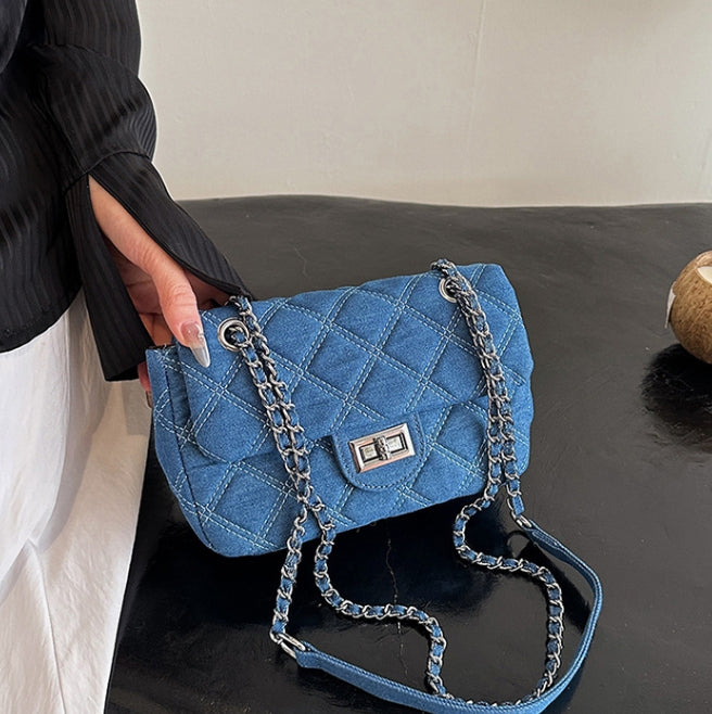 Light Blue Quilted Denim Chain Flap Bag