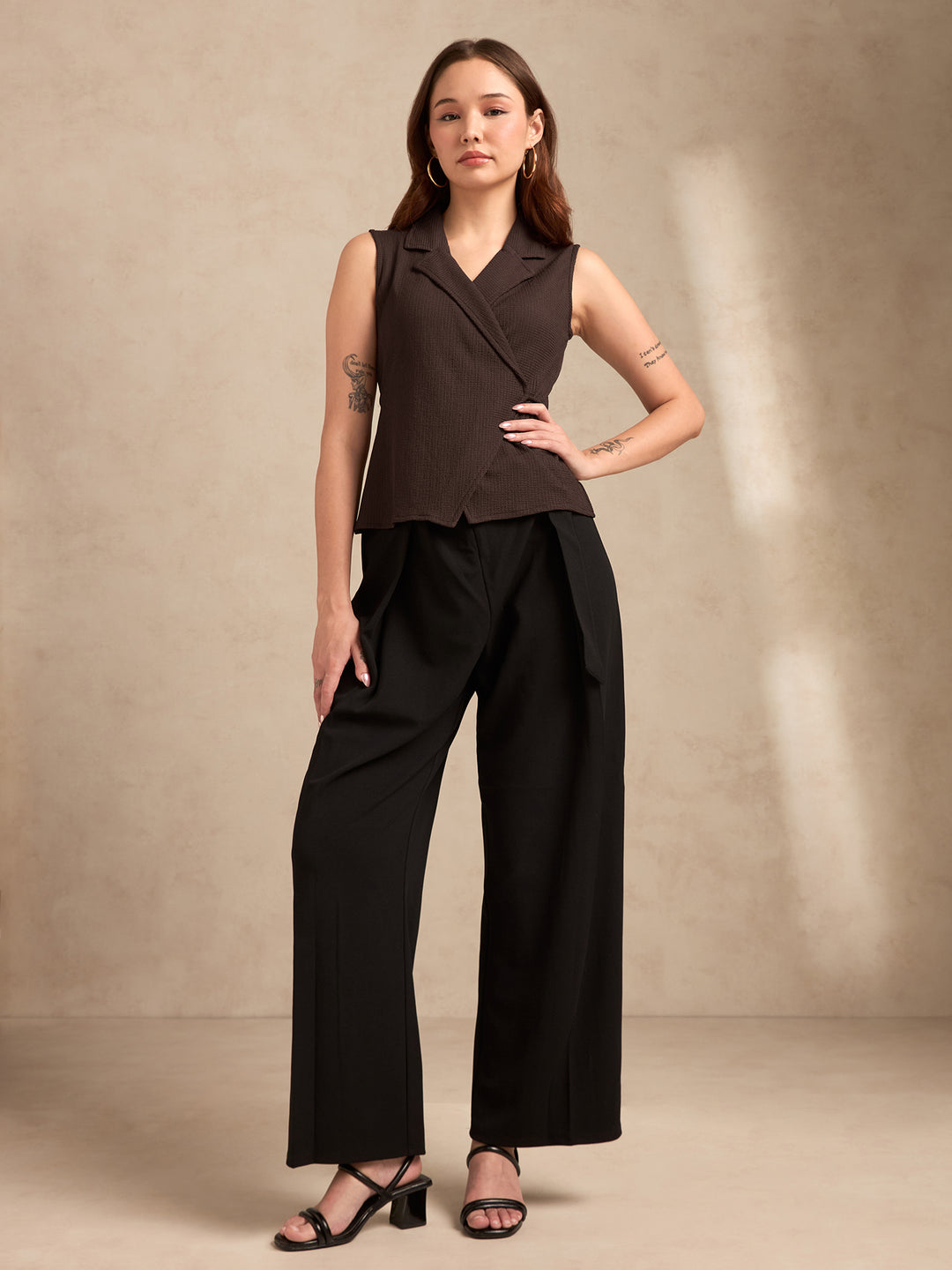 Brown Sleeveless Blazer Top With Wrap Tie Up