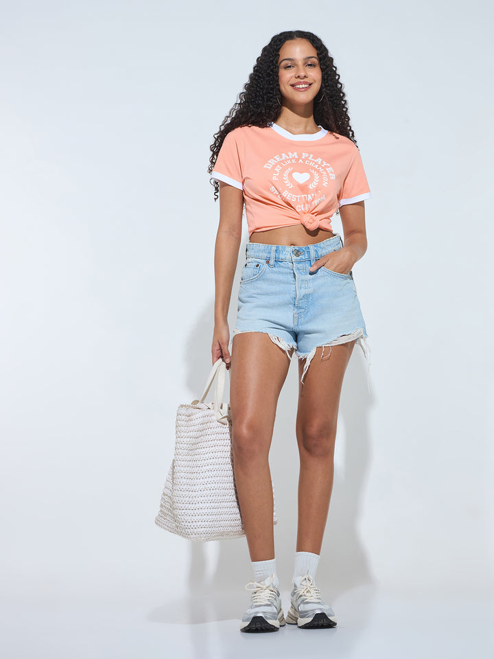 Peach Graphic Printed Contrast Hem T-Shirt