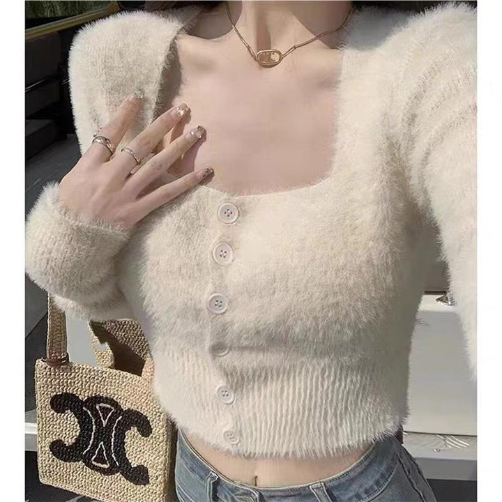 White Square Neck Fuzzy Top