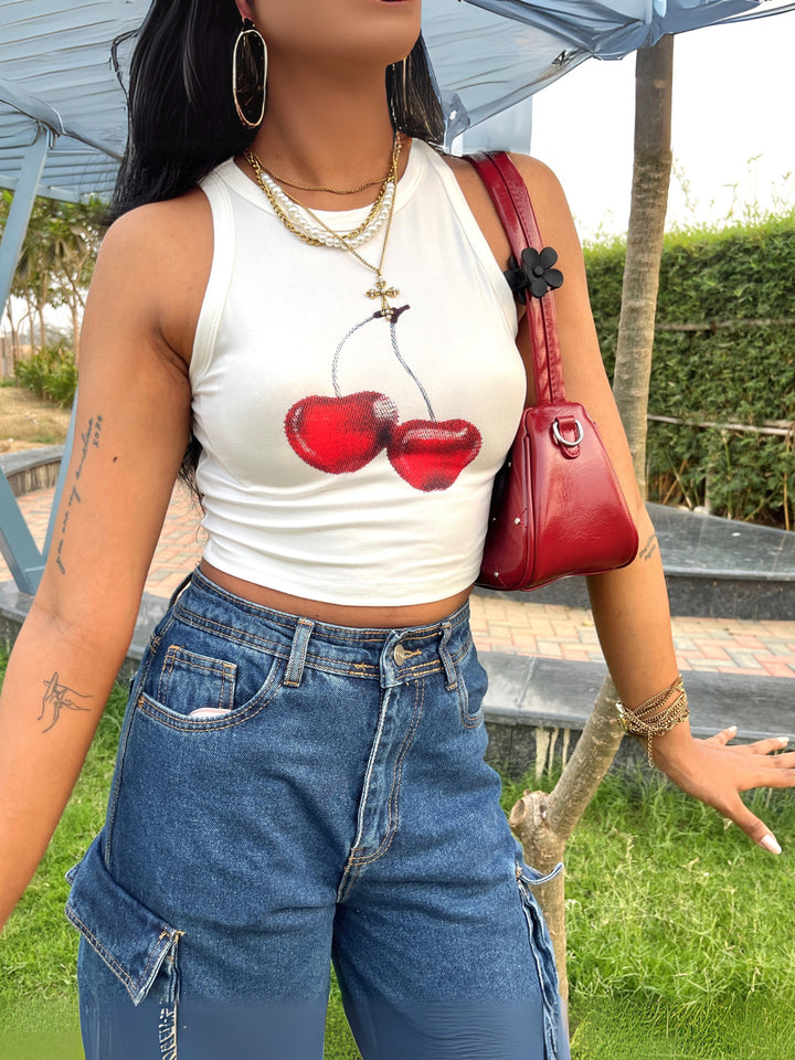 White Cherry Printed Tank Top