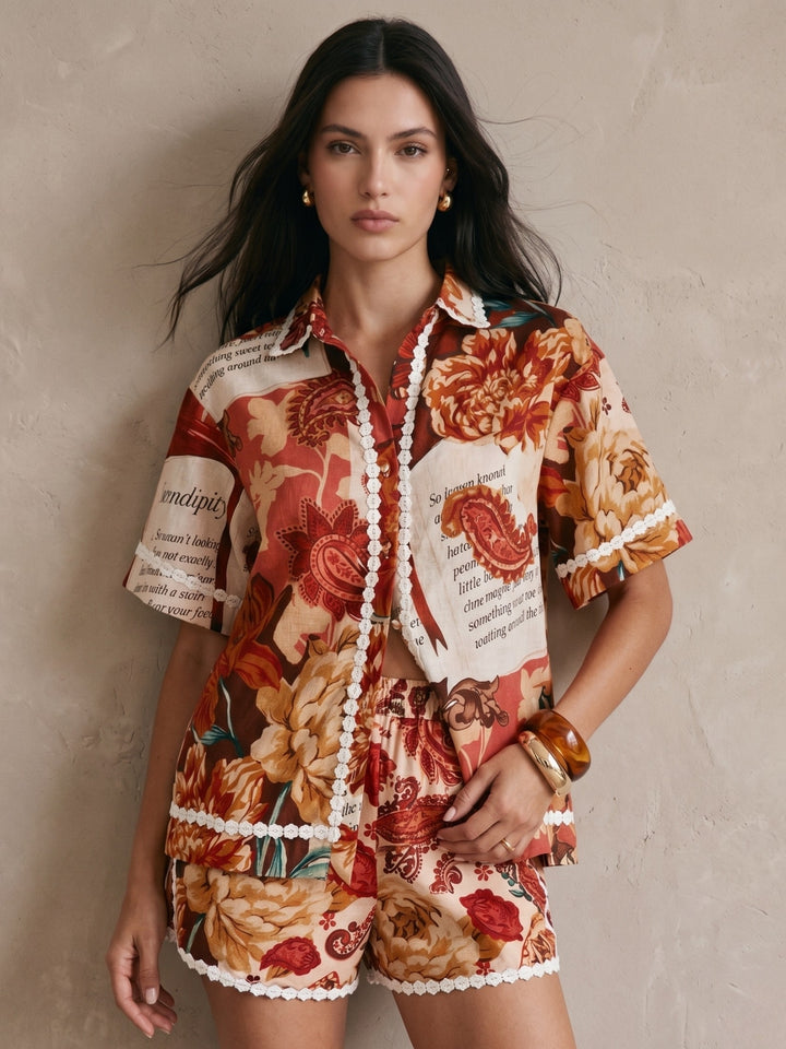 Brown Abstract Printed Shirt And Short Set