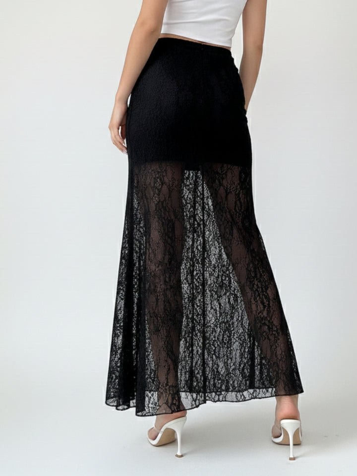 Black Sheer Lace Solid Skirt