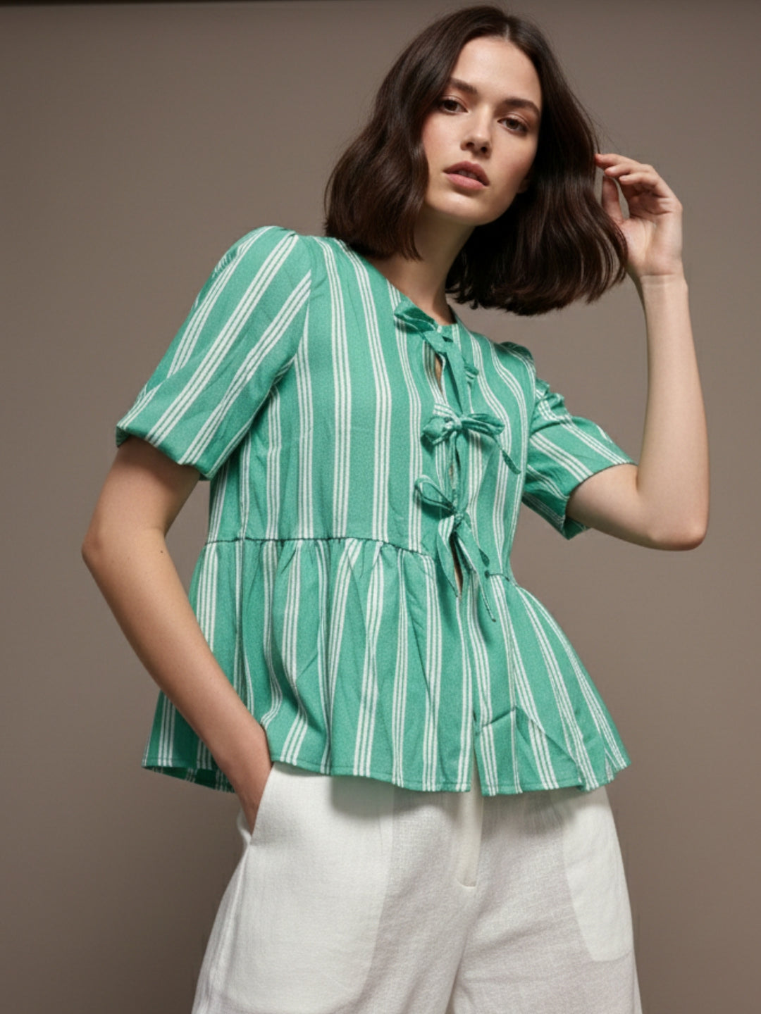 Green Puff Sleeve Striped Bow Tie-Up Blouse