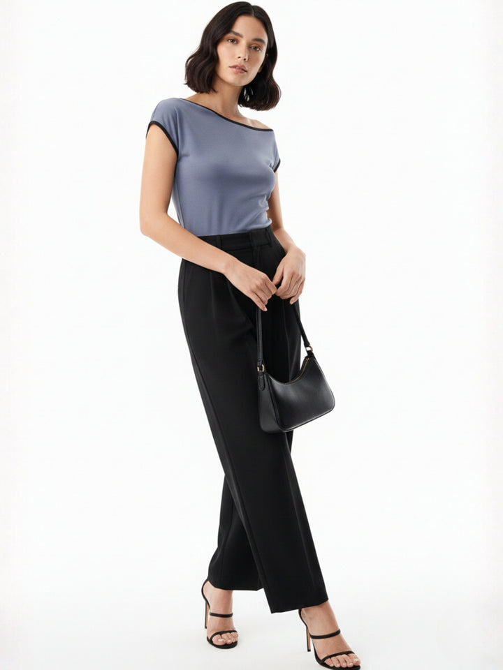 Grey Off-Shoulder Contrast Rib Knit Top