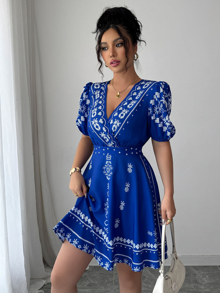 White Printed V-Neck Dress
