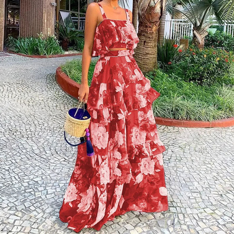 Red Printed Top And Skirt Co-Ord Set