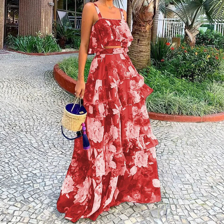 Red Printed Top And Skirt Co-Ord Set