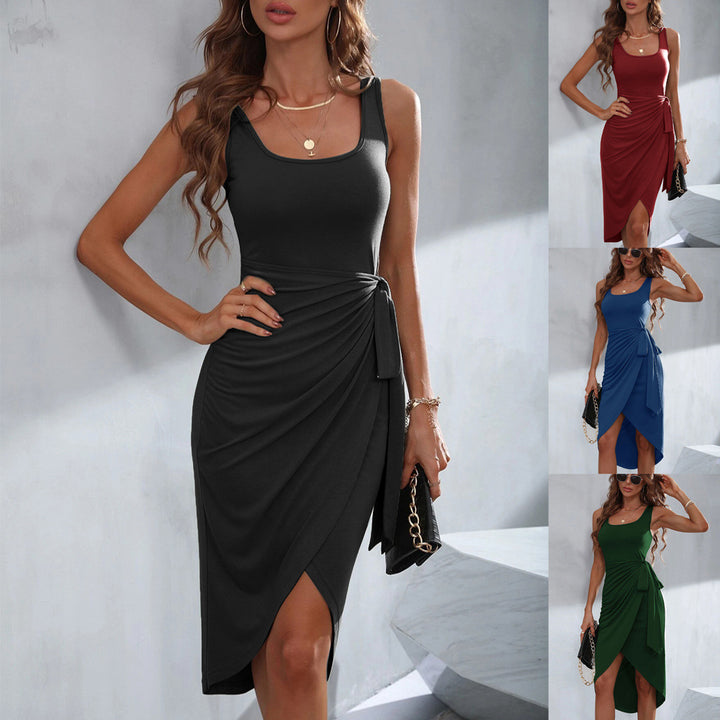 Blue Scoop Neck Wrap Hem Dress