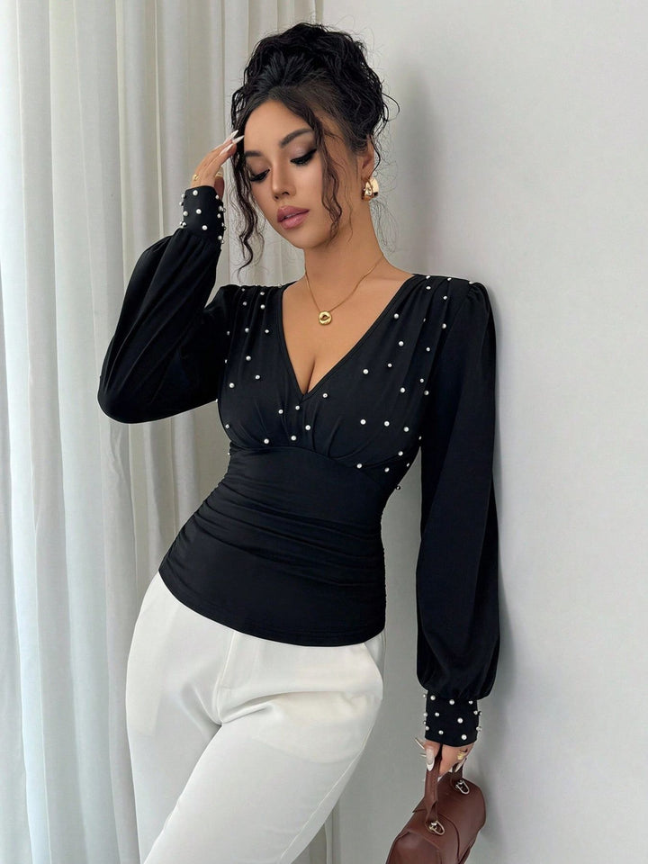 Black Full Sleeve V Neck Studded Top