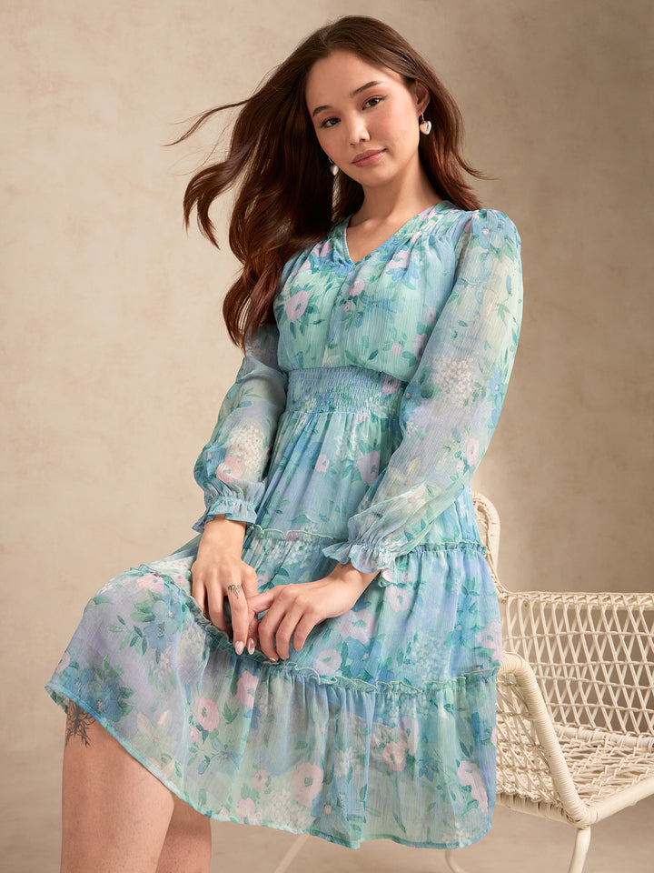 Blue Printed Full Sleeves Waist Smoked Dress