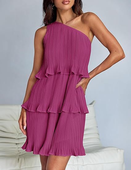 Magenta One Shoulder Three Tiered Pleated Dress