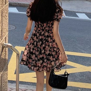 Black Fit And Flare Mini Dress With Ruffle Detail