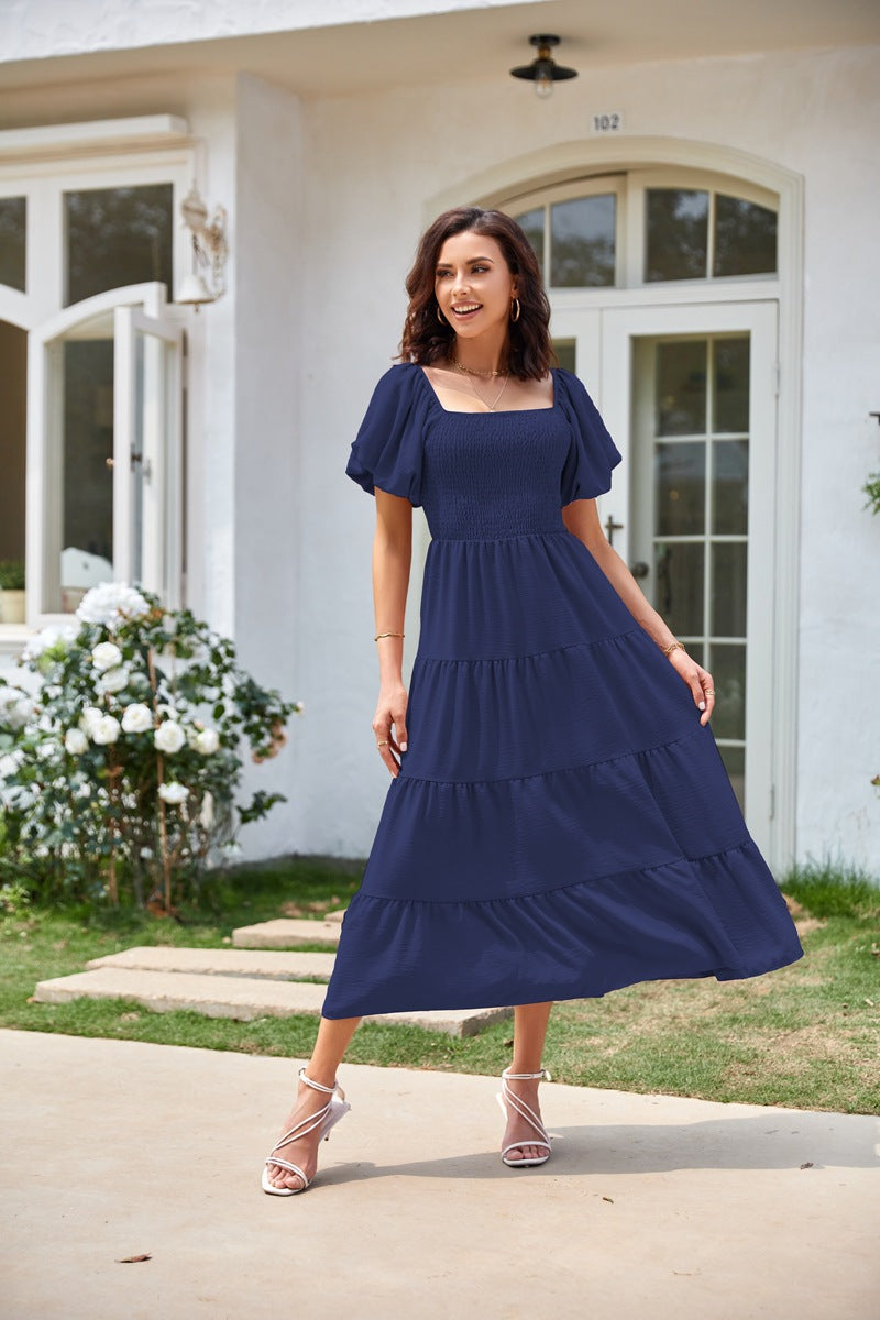 Navy Blue Square Neck Puff Sleeved Tiered Dress