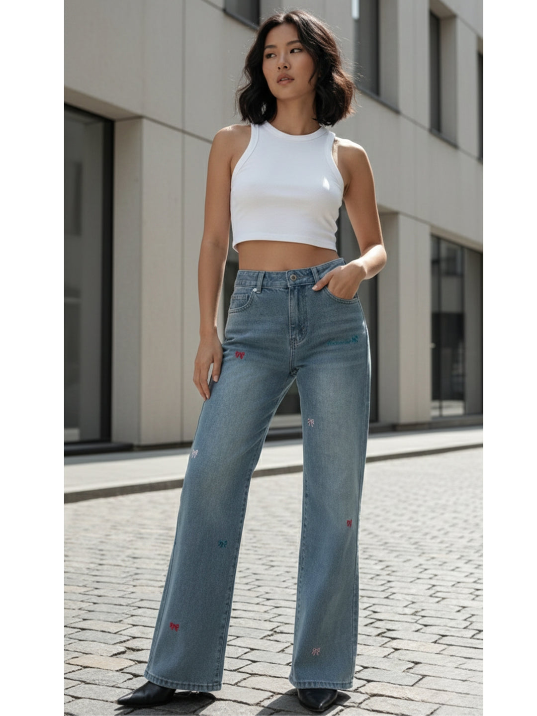 Blue High Waist Bow Printed Wide Leg Jeans