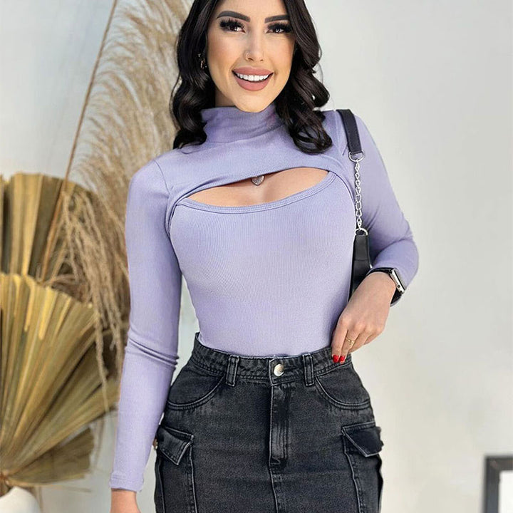 Purple Front Cutout Full Sleeves Fitted Top