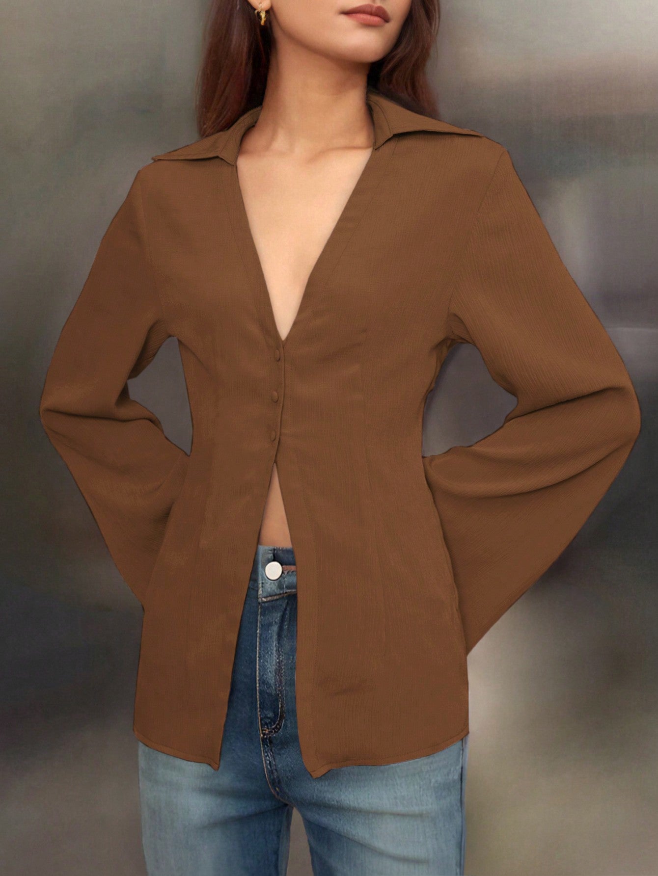 Brown V-Neck Long Sleeve Shirt