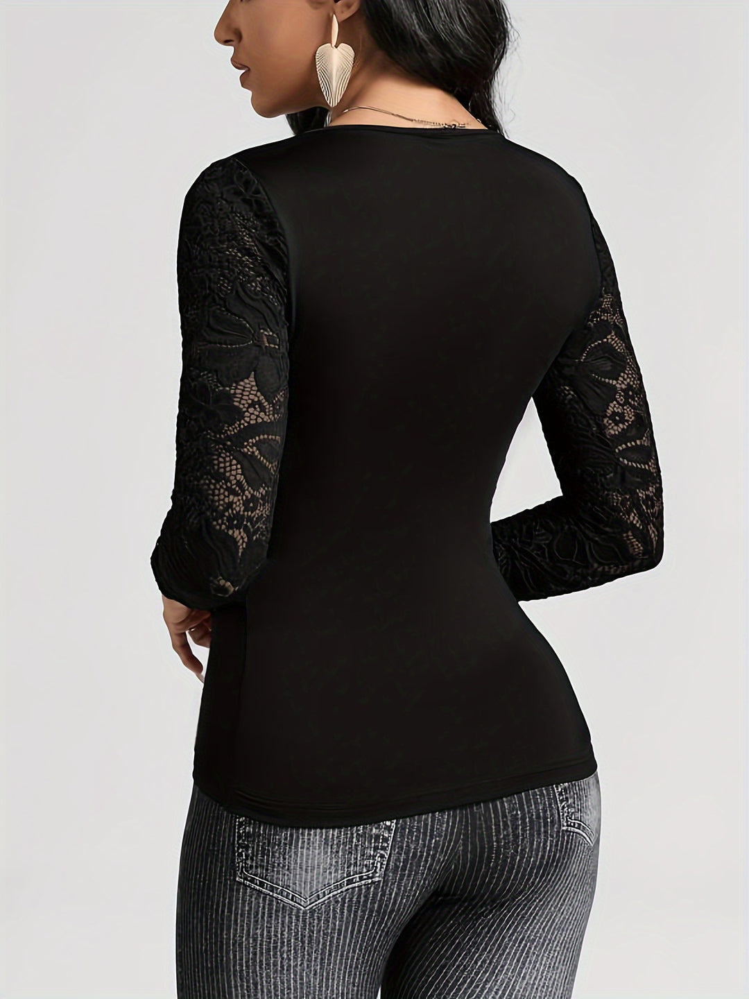 Black Mesh Sleeve V-Neck Top