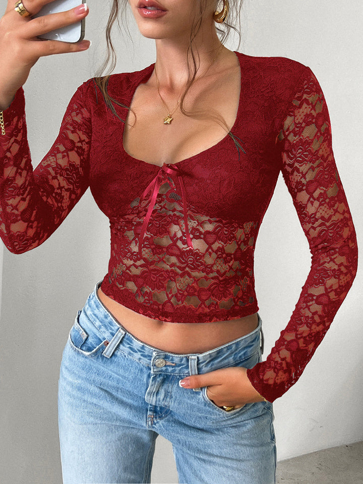 Wine Scoop Neck Lace Fitted Top