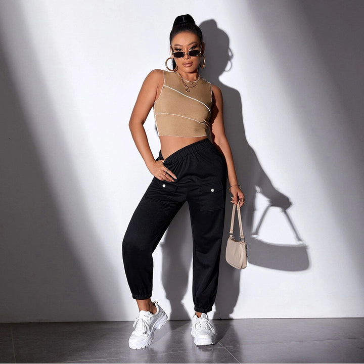 Khaki Sleeveless Contrast Seam Top