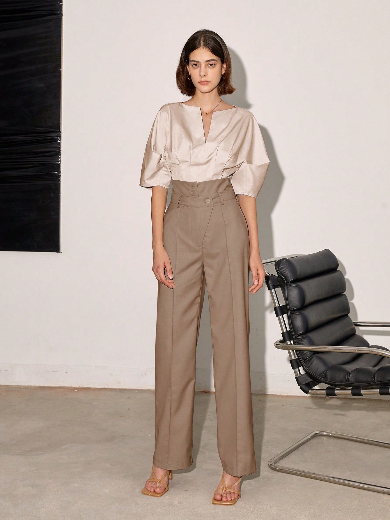 Beige High Waist Side Button Pant