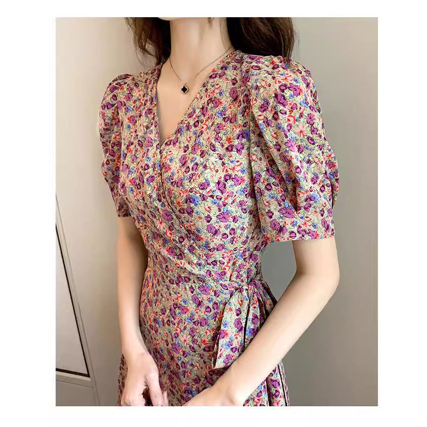 Purple Puff Sleeve Wrap Dress