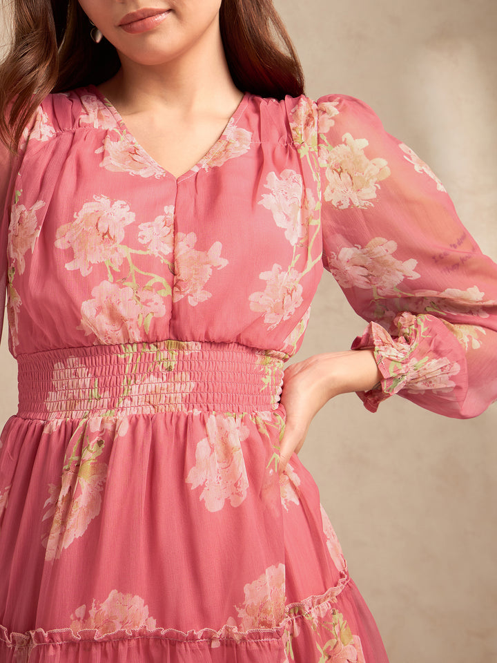 Pink Printed Full Sleeves Waist Smoked Dress