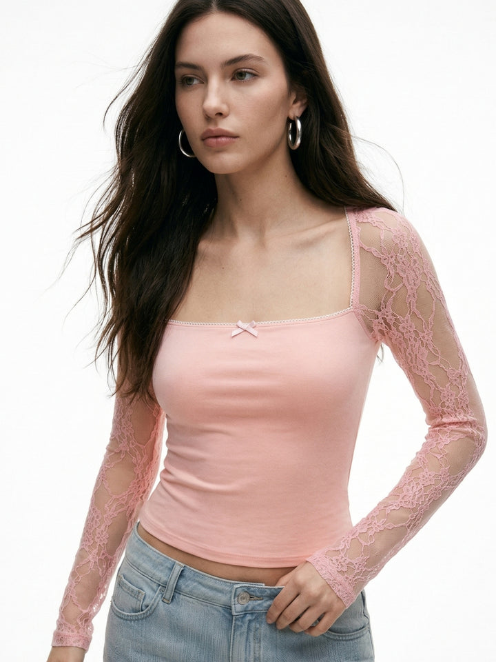 Pink Lace Sleeved Fitted Top