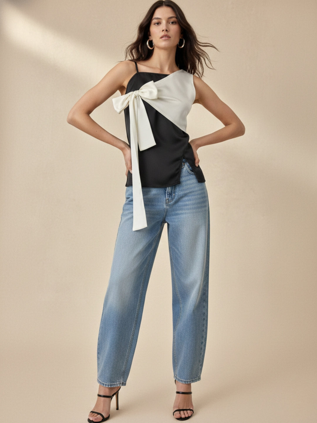 Black Fitted Top With Contrast Tie Up Bow Detail