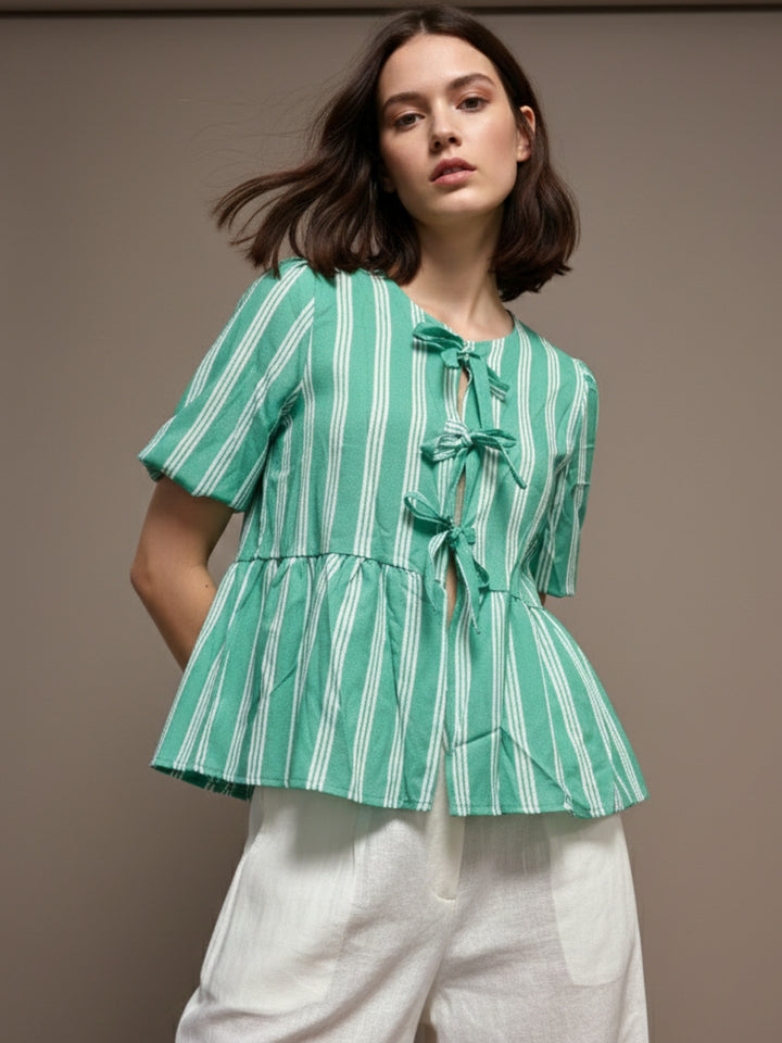 Green Puff Sleeve Striped Bow Tie-Up Blouse