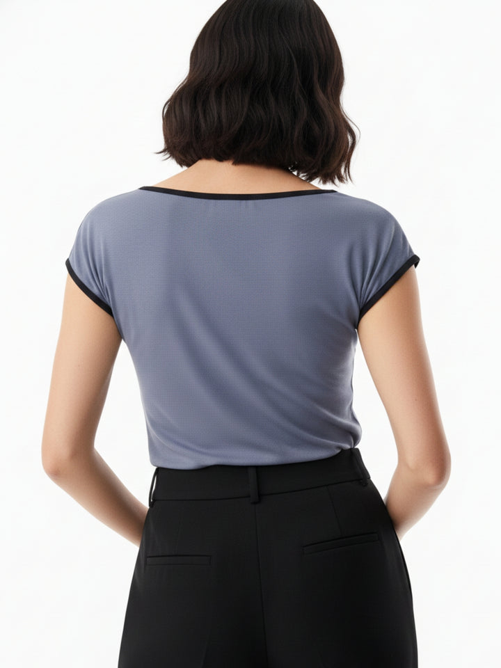 Grey Off-Shoulder Contrast Rib Knit Top