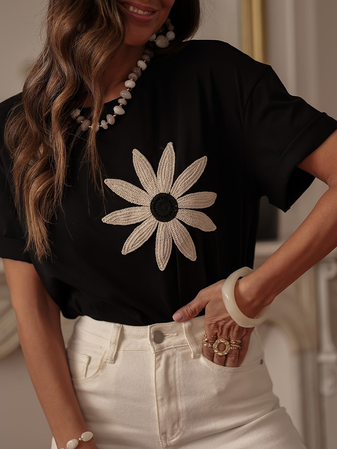 Black Short Sleeve Floral Embroidered Top