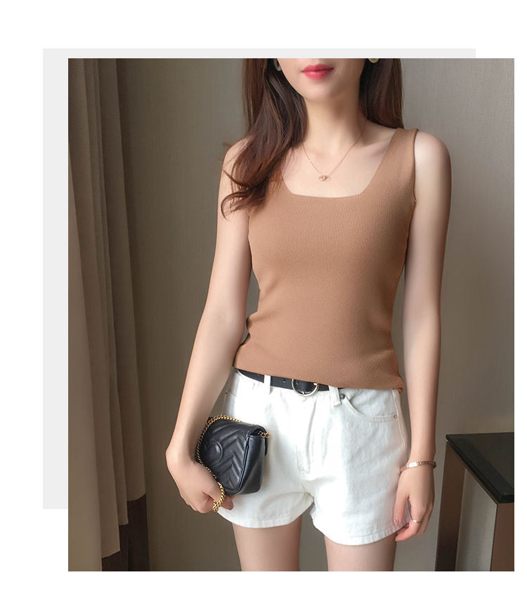 Khaki Shoulder Strap Basic Fitted  Top